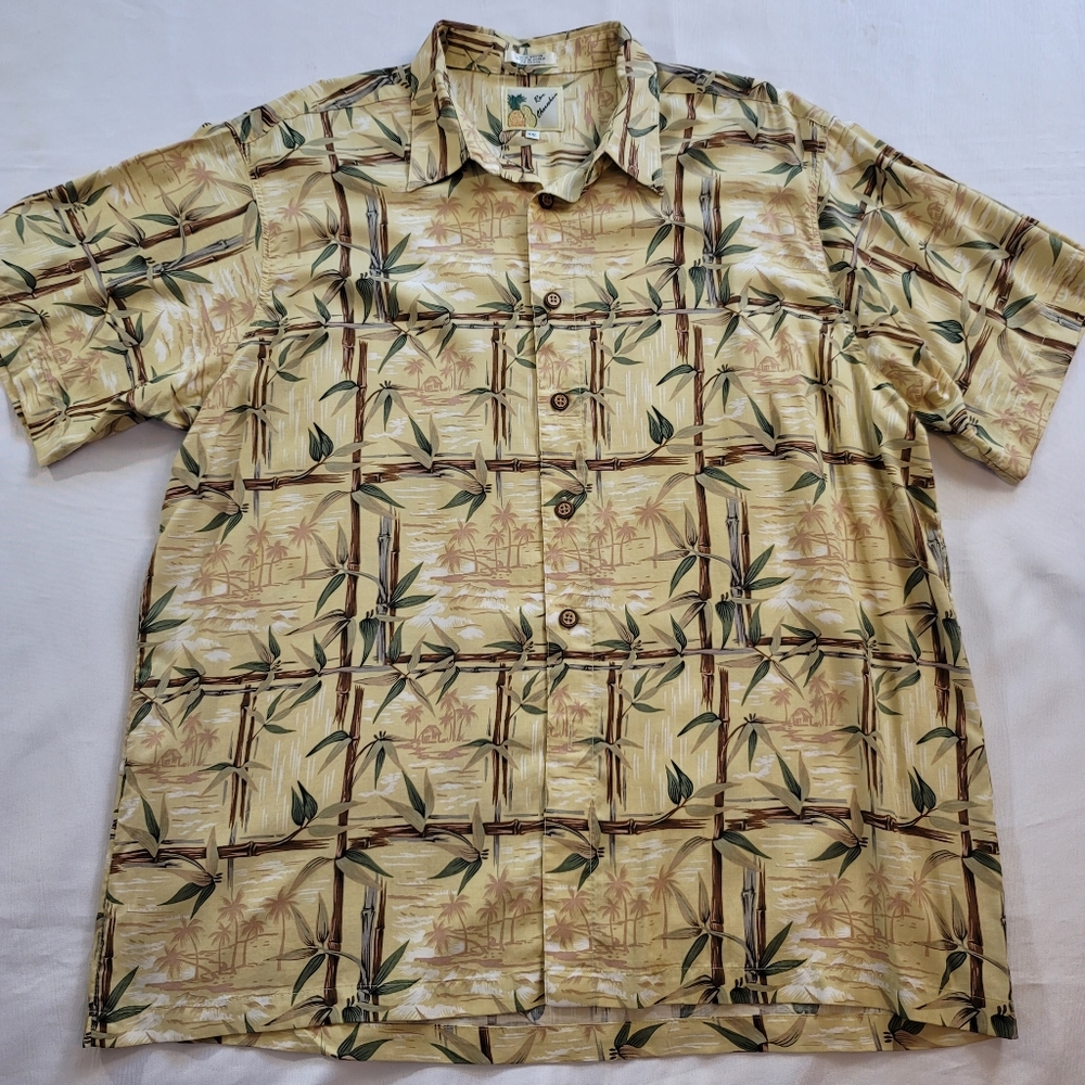 Ron Chereskin Shirt Yellow 100% Rayon Floral Hawaiian Bamboo and Palm Trees 2XL